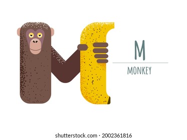 brown monkey holding large yellow banana in his hand  monkey   banana in the shape letter    M 
children's alphabet  poster  postcard 