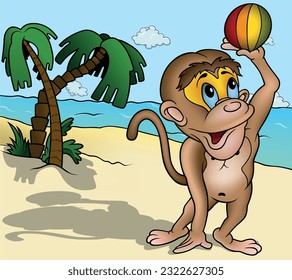 A Brown Monkey Holds a Beach Ball in its Paw - Colored Cartoon Illustration with Background, Vector