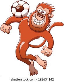 Brown monkey jumping high to trap the soccer ball with its chest with great style and agility while staring at the ball and grinning mischievously