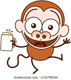Brown monkey in minimalist style with big rounded ears and long tail while widely opening its bulging eyes, raising its arms and holding a glass of frothy beer as for celebrating something special