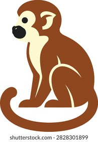 A brown monkey sits on the ground looking to the left side in profile view