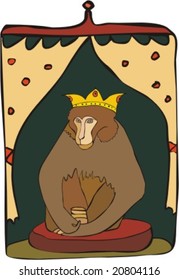 Brown monkey sitting on a throne with a crown on a head