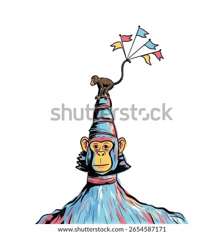A brown monkey stands atop a stylized figure with a conical headpiece, holding colorful flags by its tail. The figure is rendered in blue, yellow, and pink hues.