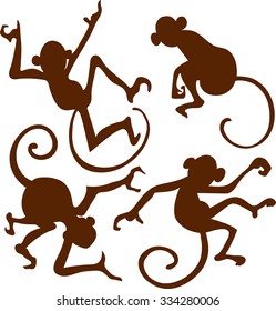 Brown Monkeys Silhouettes Isolated on White. Vector illustration. Symbols of 2016 Chinese New Year.