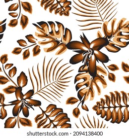brown monochromatic color style tropical rainforest illustration seamless pattern with monstera palm leaves and hibiscus flower plants foliage on white background. fashionable texture. surface design