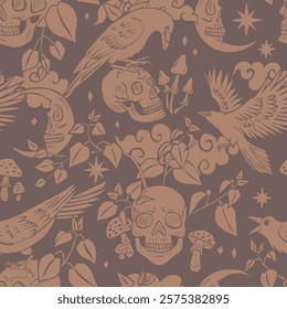 Brown monochrome seamless pattern with hand drawn inky ravens or crows sitting on human skulls. Monochrome Celestial Skeleton heads in forest foliage repeat background. Night sky wallpaper