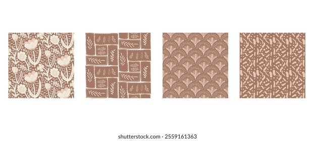 Brown monochrome seamless patterns set. Floral print mocha mouse endless backgrounds set . Abstract chocolate repeat cover. Minimal modern nude continuous ornament. Vector hand drawn illustration.