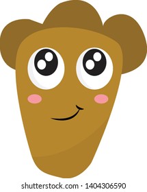 A brown monster with big round eyes, pink cheeks and smiling lip. It has hair that looks like a crown., vector, color drawing or illustration. 