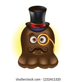 Brown monster in top hat with pince-nez and mustache. Figure on a white background.