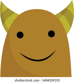 A brown monster with two horns smiling, vector, color drawing or illustration. 