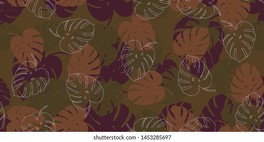 Brown monstera seamless vector pattern background.