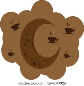 brauner Mond mit Kratermustern und eine Silhouette in Form von Kaffeebechern mit Dampf auf dem Hintergrund eines flauschigen Cloud-Konzepts des beliebten Logos für heißes Getränk für Design