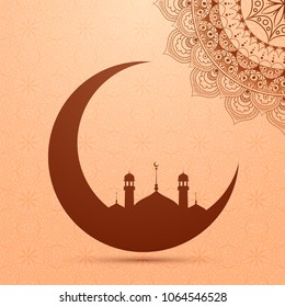 Brown moon and mosque on floral background.