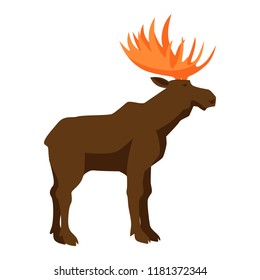 Brown moose with horns. Illustration of a northern animal.