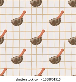 Brown mortar and pestle doodle seamless print pattern. Light background with check. Perfect for wallpaper, textile, wrapping paper, fabric print. Vector illustration.
