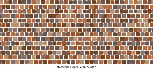 Brown mosaic pebble stone seamless pattern. Repeated cobblestone background. Beige stone sidewalk paved texture. Tessellation rock repeating wallpaper. Vector landscaping brick pavement backdrop