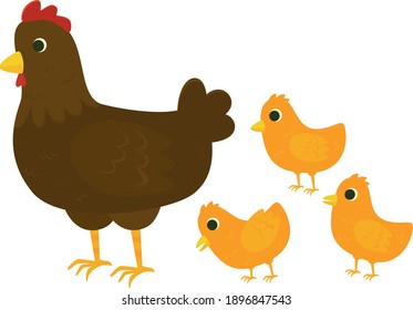 Brown mother hen with yellow baby chicks. Set of vector illustration in flat style