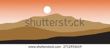 A brown mountain landscape with a sun against an orange sky. The image creates a peaceful and scenic view
