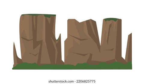 Brown mountains icon. Unusual and abstract landscape. Earthen holies with green grass top. Travel, trip and adventure, tourism and extreme sports. Outdoor relief. Cartoon flat vector illustration