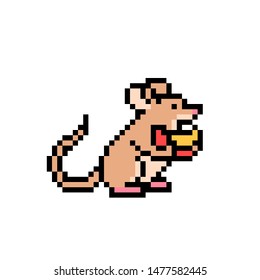 Brown mouse eating cheese, cute pixel art character isolated on white background. 8 bit rodent icon. Pet shop logotype. Old school vintage retro slot machine/video game graphics.