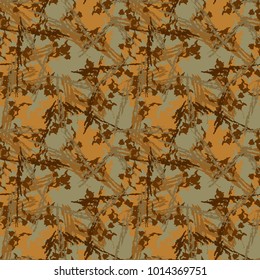 Brown mud camouflage is a seamless pattern with spots and cracks on green background. Can be used for clothes in military style, army equipment, backdrop for a site or camo capes