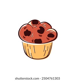 Brown Muffin with chocolate in flat style. Design of sweet baked cupcake for pastry shop, bakery. Vector illustration isolated on a white background.