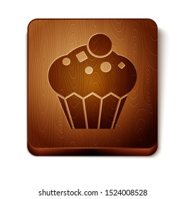 Brown Muffin icon isolated on white background. Wooden square button. Vector Illustration