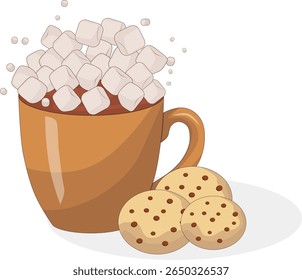 Brown mug of cocoa with marshmallows and chocolate chip cookies. Vector isolated image on transparent background.