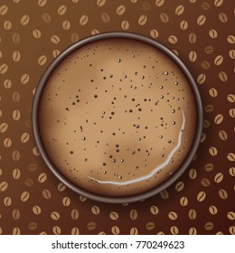 Brown mug of coffee with foam and bubbles. Top view, realistic vector. Seamless coffee grains pattern. 