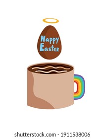 taza marrón con mango arco iris y huevo de chocolate con la inscripción Feliz Pascua. texto azul y un halo sobre el huevo. bomba de chocolate caliente.