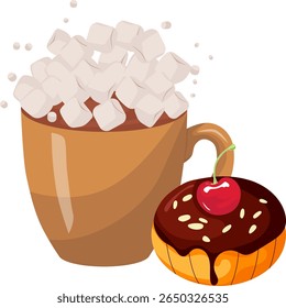 Brown mug of warm cocoa with marshmallows and cherry ice cream. Vector illustration.