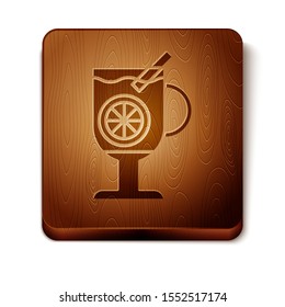 Brown Mulled wine with glass of drink and ingredients icon isolated on white background. Cinnamon stick, clove, lemon slice. Wooden square button. Vector Illustration