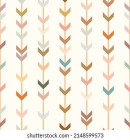 Brown, multicolored geometric vector pattern, seamless repeat, vertical stripes with arrows, abstract background with boho color theme