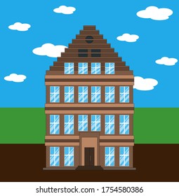 Brown multistorey apartment house. Flat design style. Vector illustration