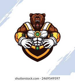 Brown Muscular Grizzly Bear Wearing Futuristic Armor Mascot