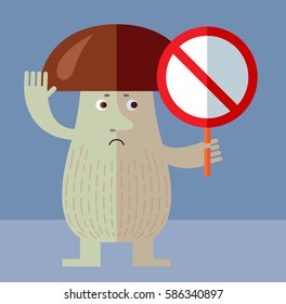 Brown mushroom with forbidden sign. Flat style vector illustration. Funny cartoon character, forest mushroom, wild cep, fungus