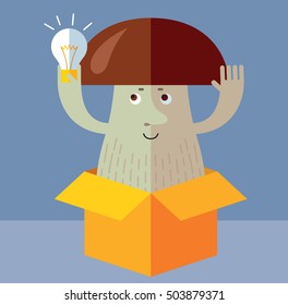 Brown mushroom get the idea holding bulb thinking outside the box. Flat style vector illustration. Funny cartoon character , forest mushroom, wild cep, fungus