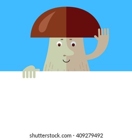 Brown mushroom holding a blank sheet and waving hand greeting. Flat style vector illustration. Funny cartoon character , forest mushroom, wild cep, fungus