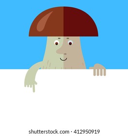 Brown mushroom holding a blank sheet pointing. Flat style vector illustration. Funny cartoon character , forest mushroom, wild cep, fungus