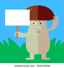 Brown mushroom holding a blank sign. Flat style vector illustration. Funny cartoon character , forest mushroom, wild cep, fungus