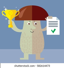 Brown mushroom  holding winning trophy and check list. Flat style vector illustration. Funny cartoon character , forest mushroom, wild cep, fungus