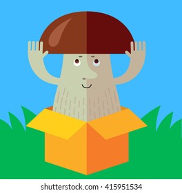 Brown mushroom jumping from delivery box. Flat style vector illustration. Funny cartoon character , forest mushroom, wild cep, fungus