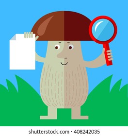 Brown mushroom with magnifier glass holding blank sheet of paper searching. Flat style vector illustration. Funny cartoon character , forest mushroom, wild cep, fungus