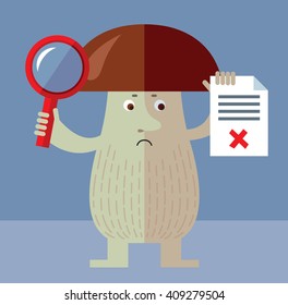 Brown mushroom with magnifier glass holding checklist with X sign. Unsuccessful searching. Flat style vector illustration. Funny cartoon character , forest mushroom, wild cep, fungus