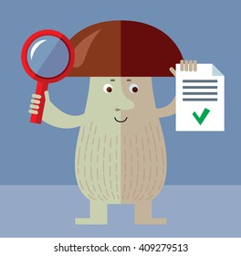 Brown mushroom with magnifier glass and OK checklist. Successful searching. Flat style vector illustration. Funny cartoon character , forest mushroom, wild cep, fungus