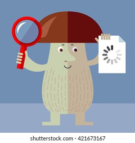 Brown mushroom with magnifier glass and preloader icon. Searching. Flat style vector illustration. Funny cartoon character , forest mushroom, wild cep, fungus