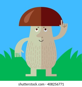 Brown mushroom making attention gesture with forefinger. Flat style vector illustration. Funny cartoon character , forest mushroom, wild cep, fungus