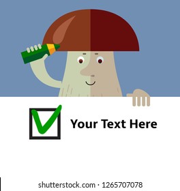 Brown mushroom making green check mark in check box. Voting. Right Choice. Flat style vector illustration. Funny cartoon character , forest mushroom, wild cep, fungus
