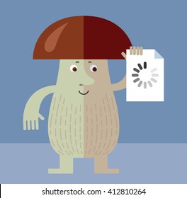 Brown mushroom with preloader icon. Flat style vector illustration. Funny cartoon character , forest mushroom, wild cep, fungus