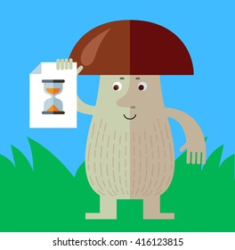 Brown mushroom with preloader icon. Flat style vector illustration. Funny cartoon character , forest mushroom, wild cep, fungus